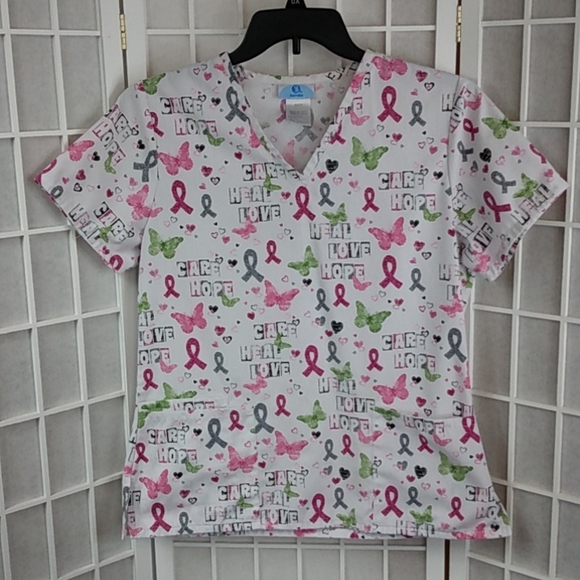 SB Scrub Top โ Pink/White โ V-Neck โ Sizeโ S - Picture 2 of 9